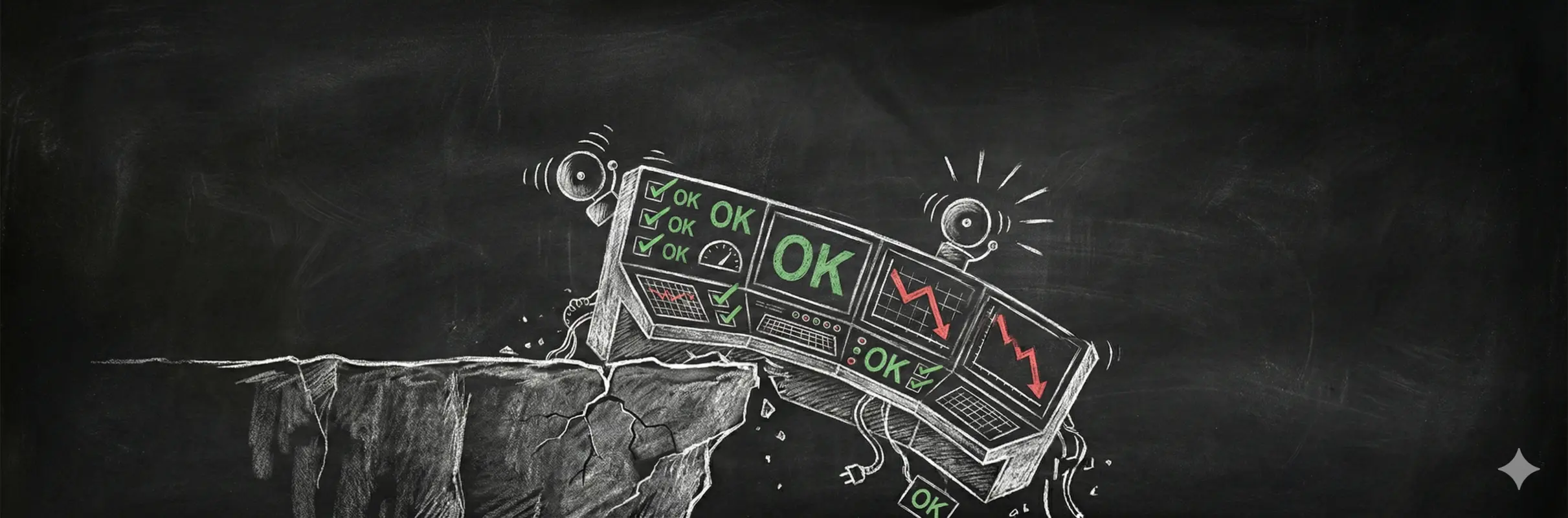 A monitoring dashboard tumbling off a cliff while every status indicator reads OK