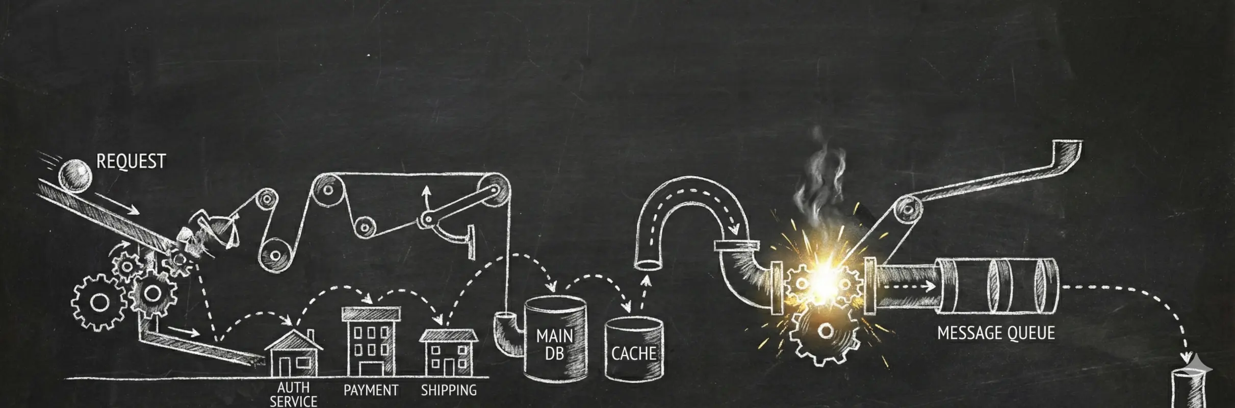 A sprawling Rube Goldberg machine tracing a request through gears, services, and queues with one section visibly jammed